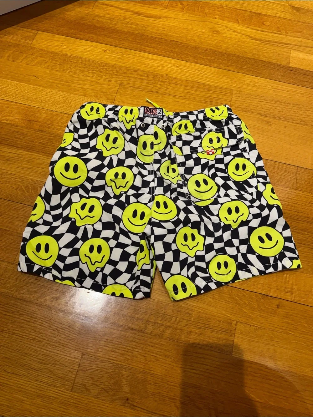 Kids Neon Yellow Smiley Print Swim/Beach Shorts size 14 St Barths